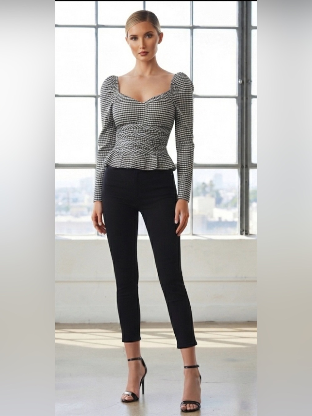Topshop gingham shirred top in monochrome